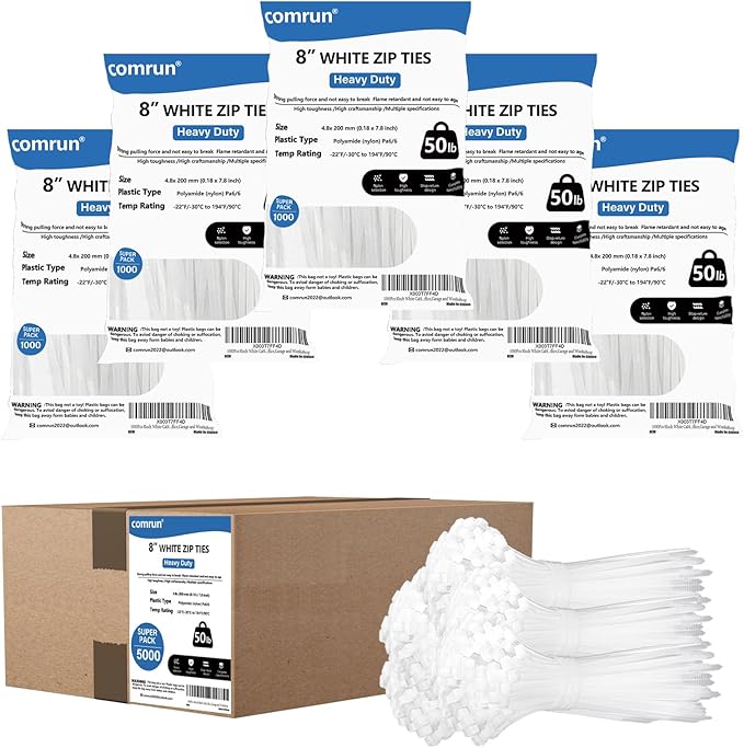 5000pcs 8Inch White Cable Tie,Nylon Zip Ties,Industrial Grade,50 Pounds Tensile Strength,UV Resistant,Heavy Duty,for Home,Garden Trellis,Office,Garage and Workshop