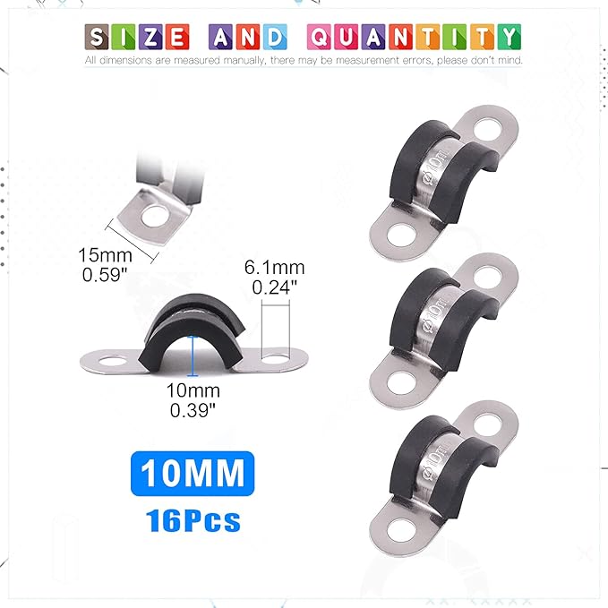 Glarks 16Pcs 10MM 2 Hole U-Tube Strap Clamp Set 304 Stainless Steel Rubber Cushion Rigid Pipe Strap U Bracket Tube Strap Assortment Kit For Pipe Tube Fixing (10mm)