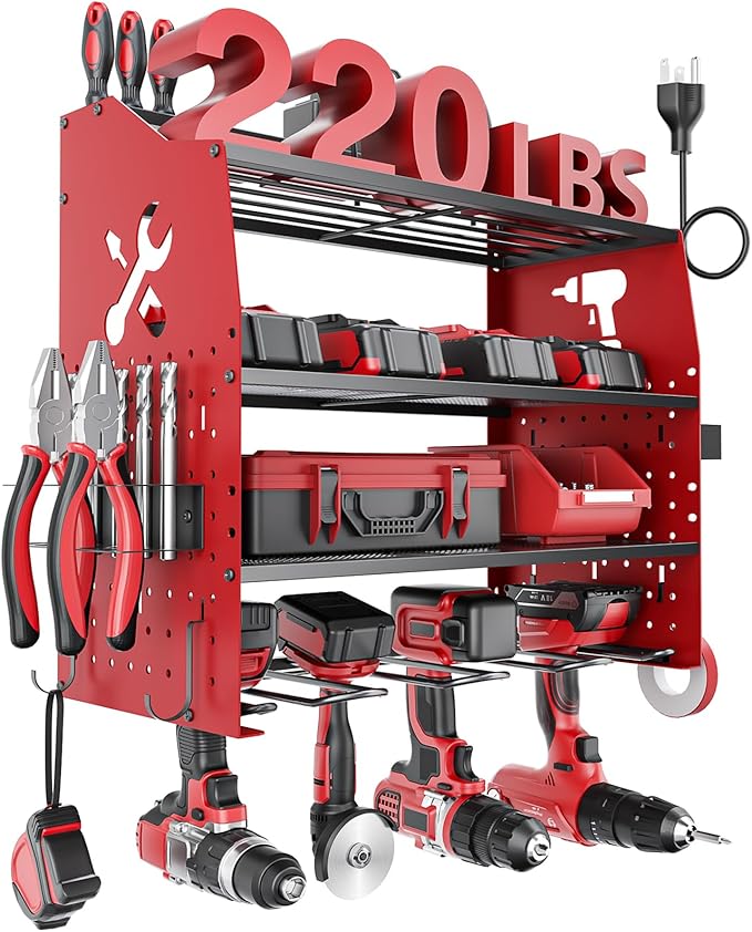 𝟐𝟎𝟐𝟓 𝐔𝐩𝐠𝐫𝐚𝐝𝐞𝐝 Power Tool Organizer Wall Mount with Charging Station [5-Layer Loads 220lbs Heavy Duty] Metal Tool Storage Rack Drill Holder,Battery Utility Rack Loads with 6 Power Strip