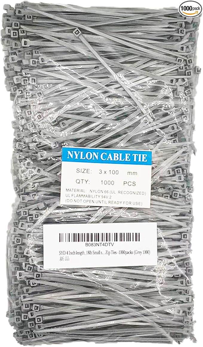 4 Inch Grey Zip Ties (1000 Pieces), 18lb Strength, Nylon Cable Wire Ties