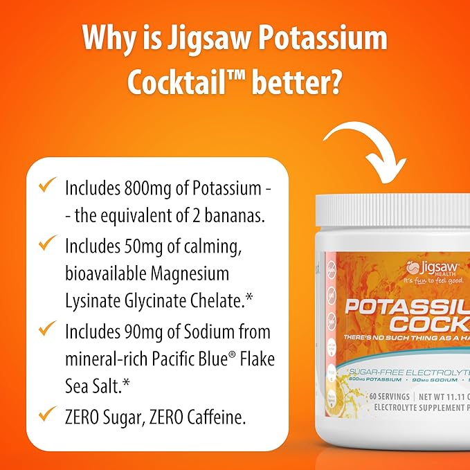 Jigsaw Health Potassium Cocktail | Formerly Pickleball Cocktail | Orange Flavor | 60 Servings (Jar)