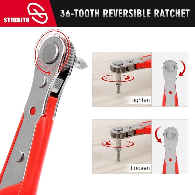 STREBITO Right Angle Screwdriver Set, Low Profile 26 Piece Small Ratchet, Stubby 90 Degree Ratcheting Screwdriver, Mini 1/4 Bit EDC Tool for Tight Spaces, Bike
