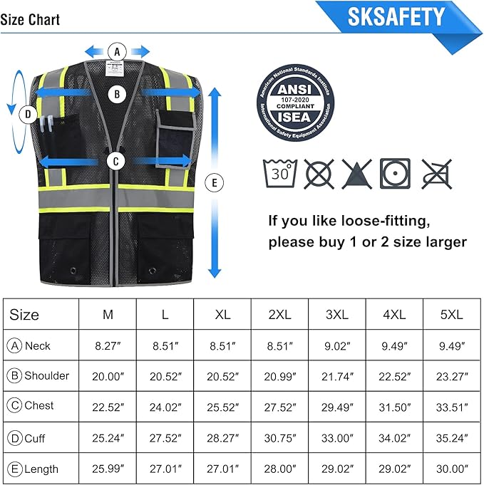 SKSAFETY 10 Pockets Safety Vest, Class 2 High Visibility Security with Zipper Double-sided mesh, Hi Vis Vest with Reflective Strips, ANSI/ISEA Standard, Construction Work Vest （Black, M）