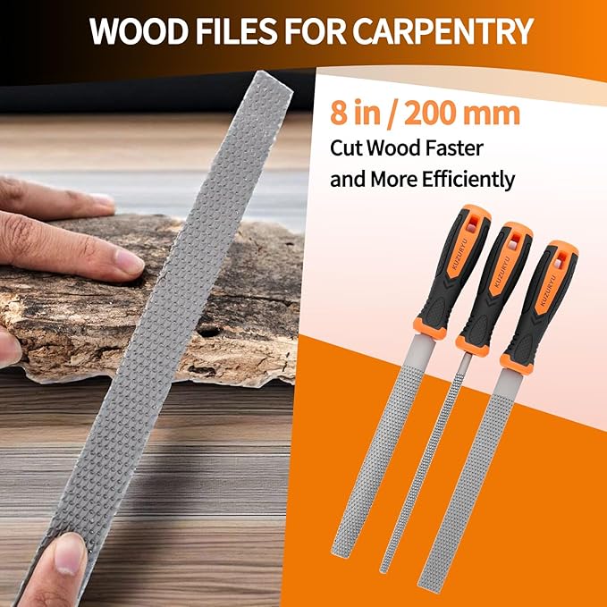 KUZURYU Woodworking Rasp Set – 3PCS Multi-Shape Precision Wood Files（Flat, Half-Round, Round） with Ergonomic Handles for Carpentry, DIY, and Wood Restoration