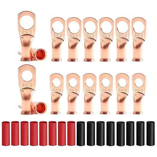 8Pcs 6 AWG 3/8" Stud and 8Pcs 6 AWG 5/16" Stud Heavy Duty Copper Wire Lugs with 16Pcs Heat Shrink Tubing Ring Terminals 6 awg Battery Cable Ends Bare Copper Eyelets