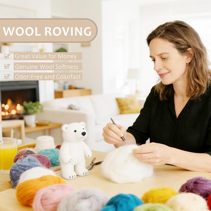 Felting Wool for DIY Craft, Needle Felting Wool Creamed Corn, 3.4oz Wool Roving - Image 3