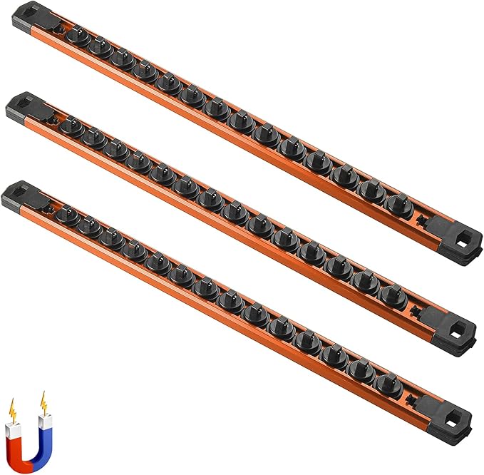 ALOANES 3-Piece Magnetic Socket Organizer, Heavy Duty Aluminum Socket Rails Organizer, 360° Swivel Clips Socket Holder Kit for Tool Box, 1/4-Inch Socket Holder x 42 Clips (Orange)