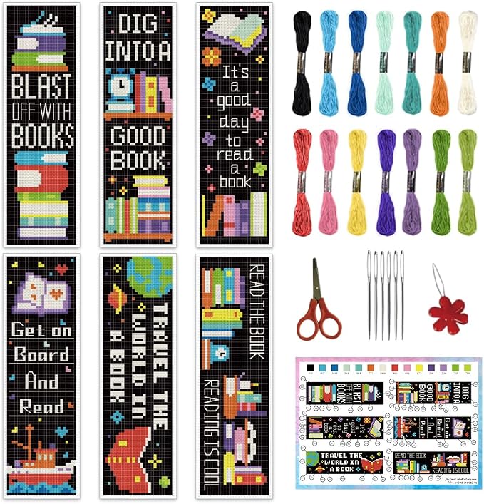 INFUNLY 6PCS Book Theme Cross Stitch Bookmark Kits 8''x2.4'' Study Bookmark by INFUNLY