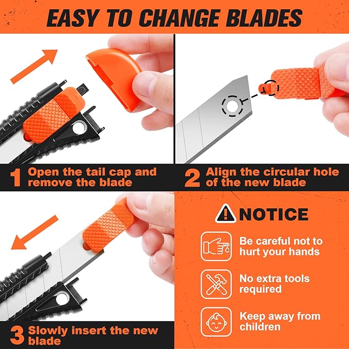 3 Pack Utility Knife Box Cutter Retractable, Compact Box Knife for Cartons, Cardboard, and Boxes, with 10 Piece 18mm Wider Snap-off Blade Razor Sharp Blade, Perfect for Office and Home Use