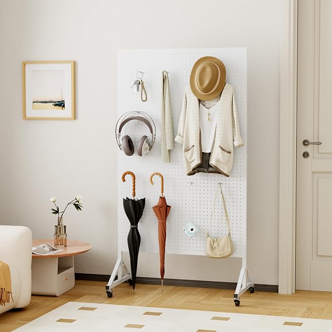 Metal Pegboard Display Stand 3.5 x 5.5 Feet, Adjustable Height with 40 Peg Board Hooks and Wheels, Pegboard Display Rack, Craft Display Rack, Retail Display Rack, Garage Peg Board, Pegboard