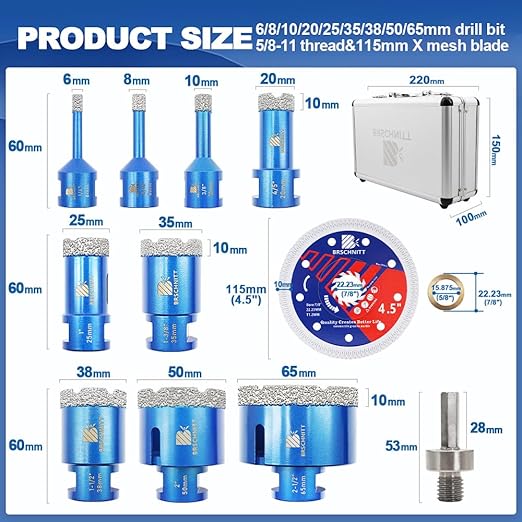 Diamond Core Drill Bit Set - for Porcelain Tile Ceramic,BRSCHNITT 1/4" 5/16" 3/8" 4/5" 1" 1-3/8" 1-1/2" 2" 2-1/2" (6 8 10 20 25 35 38 50 65mm) Vacuum Brazed Diamond Hole Saw Kit with 5/8-11 Thread