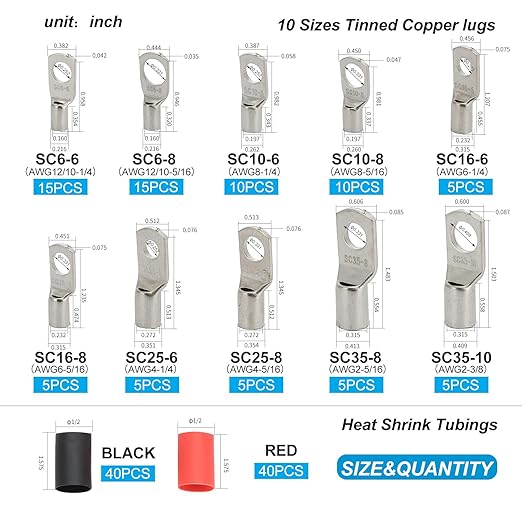 Thick Copper lugs，Electric Wire Lugs，AWG2 4 6 8 10 12Gauge，80Pcs Tinned Heavy Duty Battery Cable Ends Ring Terminal Connectors with 80Pcs 3:1 Heat Shrink Tubing Assortment Kit（160pcs）