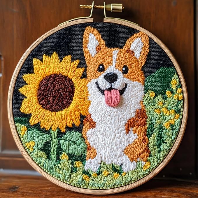 DIY Punch Needle Kits Cute Corgi Dog and Sunflower by Unknown