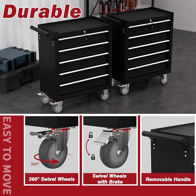 Rolling Tool Chest with Drawers, 5 Drawers Tool Chests & Cabinets, Metal Toolbox with Wheels, Lockable Storage Cabinet, Garage Tool Box with Drawers (Black, 5 Drawers)
