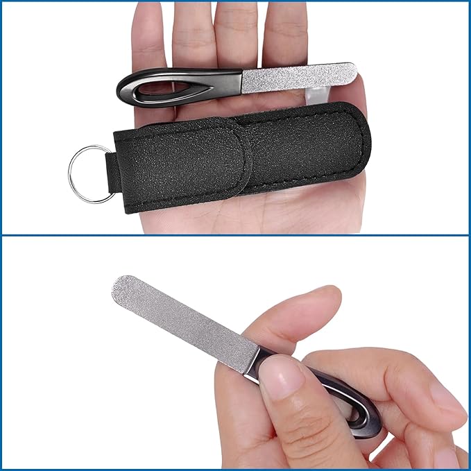 Metal Nail File with Case, 2 Pack Keychain Nail Files for Natural Nails, Fingernail Files Diamond Round Tip Stainless Steel Double Sided Fine Grit Sapphire Filer with Leather Sheath Travel Black