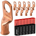 SELTERM 10pcs - 2 Awg - 1/2" Stud - Battery Lugs - Ring Terminal Connectors | with 12pcs 3:1 Black & Red Heat Shrink Tubing with Adhesive | Heavy Duty Battery Cable Ends - Bare Copper Wire Lugs Kit