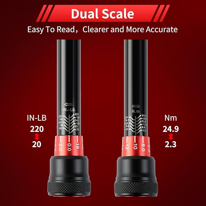 1/4-Inch Torque Wrench, Dual-direction Small Torque Wrench 20-220in.lb/2.3-24.9Nm, 72 tooth High Precision Professional with Dual Range Scales