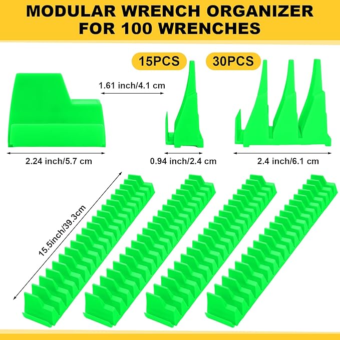Chunful 100 pcs Modular Wrench Organizer Holder Wrench Tool Organizers Storage Racks Set with Metric & SAE Label for Tool Box Drawer Storage for Father Brother Professional Mechanics Men (Green)