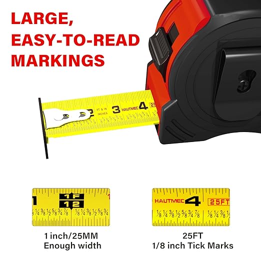 HAUTMEC 25FT Tape Measure 6 Pack Bulk with Magnetic Hook & Fractions - Professional Measuring Tape for Construction, Carpentry, DIY,HTMEM25001