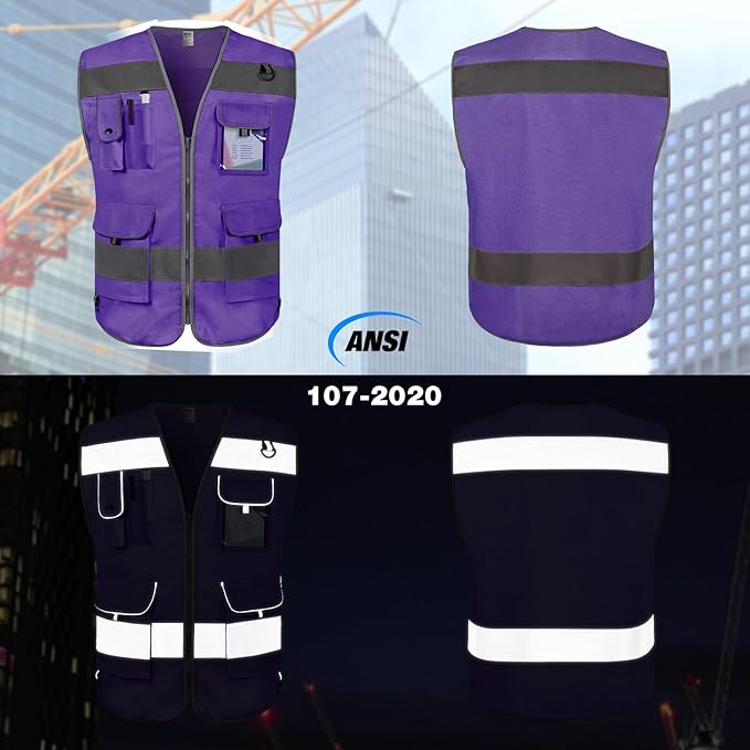 TCCFCCT Hi Vis Vest, 9 Pockets High Visibility Reflective Safety Vest for Men Women, Safety Construction Vest with Reinforced Sewing, Durable to Use, Meets ANSI/ISEA Standards, (Purple, Small)