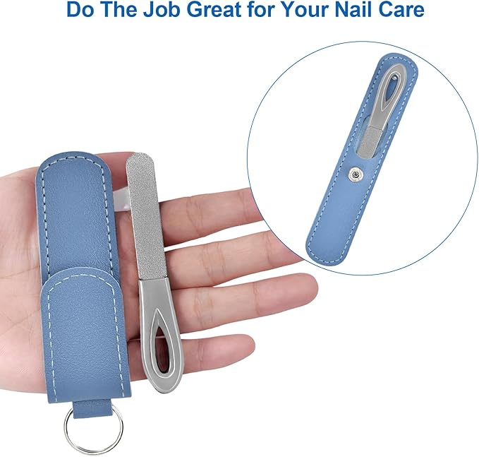 Metal Nail File with Case, 2 Pack Keychain Nail Files for Natural Nails, Fingernail Files Diamond Round Tip Stainless Steel Double Sided Fine Grit Sapphire Filer with Leather Sheath Travel Blue