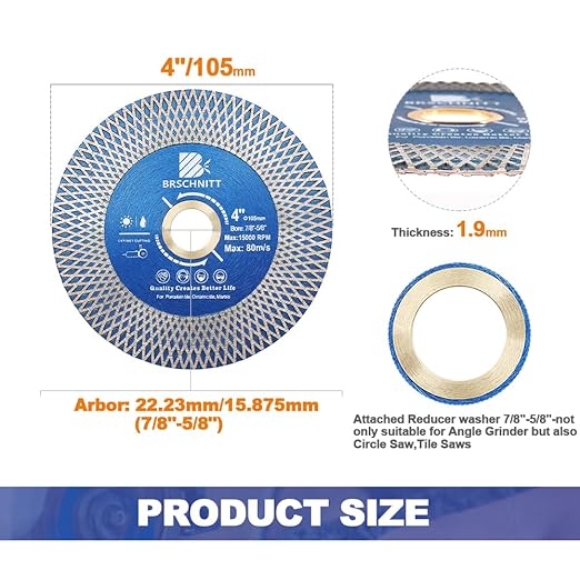Diamond Porcelain Tile Saw Blade - BRSCHNITT 4" Super Thin Diamond Cutting Grinding Disc with X Teeth Arbor 7/8“-5/8“ for Ceramic Tiles,Granite,Marble Angle Grinder Circle Saw Blade