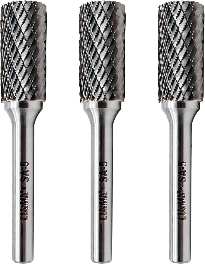 LU&MN SA-5 Tungsten Carbide Burr Cylinder Shape Double Cut Rotary Burr File(1/2” Cutter Dia X 1”Cutter Length) with 1/4'' Shank Dia,3PCS
