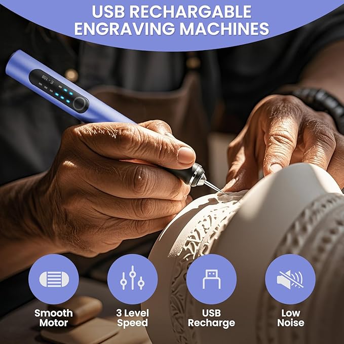 Electric Engraving Pen with 37 Bits, USB Rechargeable Cordless Etching Engraving Tool, Portable DIY Rotary Engraver for Jewelry Wood Glass Stone Carving (Purple)