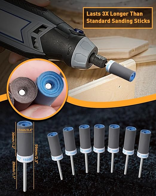 15Pcs 1500 Grit Sanding Drums Sandpaper Sticks Set for Dremel Rotary Tool with 1/8" Shank, Rotary Tool Accessories Suitable for Metal Rust Removal/Jade Polishing/Stone Grinding (1500 Grit)