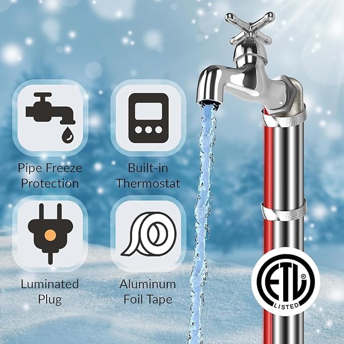 7 FT Heat Tape for Water Pipes Freeze Protection with Thermostat, Electric Heat Trace Pipe Heating Cable Energy-Saving 120V 7W/FT