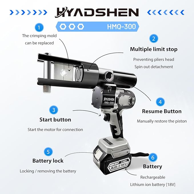 Electric Hydraulic Cable Lug Crimping Tool, Hydraulic Electrical Terminal Cable Lug Wire Crimper Rechargeable Crimping Tool Kits with 11 Dies, 6 AWG to 600 MCM（HMQ-300）