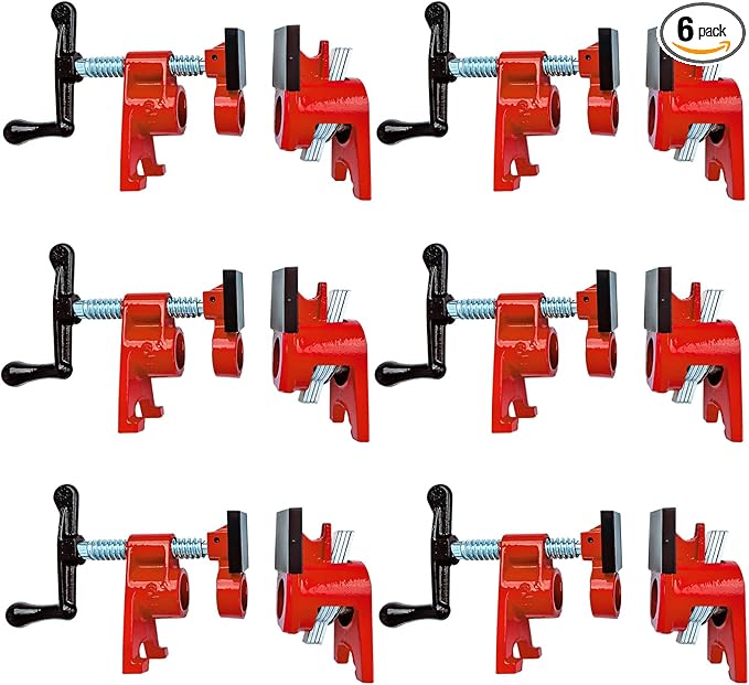 Pipe Clamps 3/4 inch 6 Pack Pipe Clamp with Unique Foot Ideal for Carpentry, Home Improvement, and DIY Projects Wood Gluing Clamps (Red, 3/4 IN with Pads)