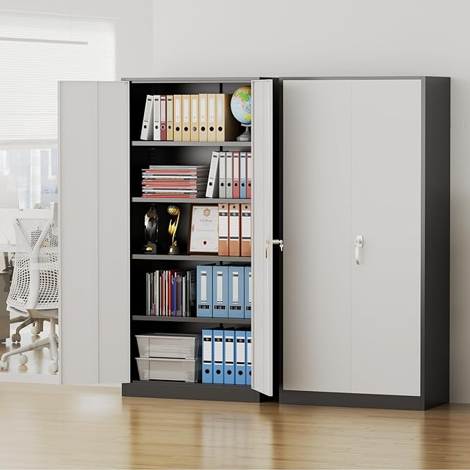 Pataku Metal Storage Cabinet, 71" Garage Cabinet with Doors and Shelves Lockable Steel Multifunctional Cabinets, File Cabinets for Home, Office, Warehouse(Black Grey)