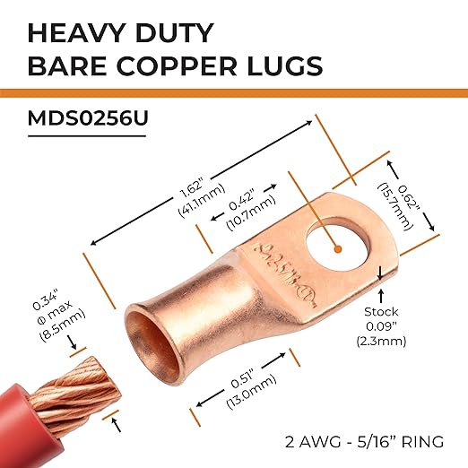SELTERM 10pcs 2 AWG - 5/16" Stud - Battery Lugs, Heavy Duty Wire Lugs, Ring Terminals, Battery Cable Ends,2 Gauge Terminals, UL Bare Copper Eyelets Electrical Battery Terminal Connectors