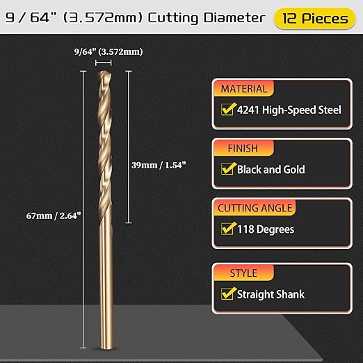 Drill Bit, 9/64" Cutting Diameter (3.572mm), 4241 HSS Black and Gold 118° Cutting Angle Versatile Jobber Bits - (Applications: for Drilling Plastic Wood Soft Thin Metal), 12-Pieces