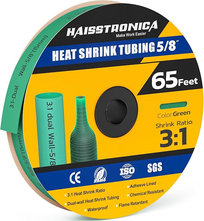 haisstronica 3:1 Heat Shrink Tubing, Shrink Ratio Adhesive Lined Marine Grade Heat Shrink Tube for Home, Automotive and Industrial (Green) 65FT 5/8inch
