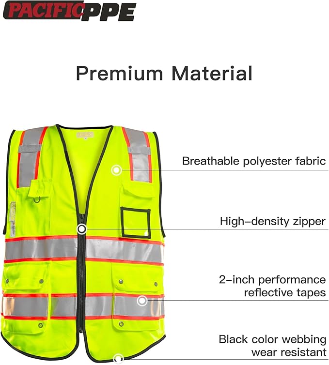 PACIFIC 10 Pockets Class 2 Safety Vest for Men, 3M High Visibility Reflective Strips, Meets ANSI/ISEA Standard, Yellow, XX-Large
