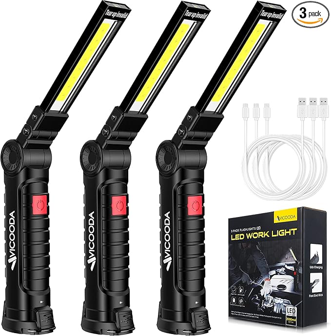 Rechargeable LED Work Light with Magnetic Base, USB 360° Rotating Magnetic Light, 5 Mode Mechanic Flashlight for Car Repair, Emergencies, Tight Areas (3 Pack)