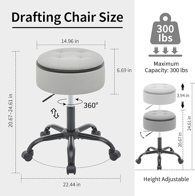 Vnity Stool with Wheels (Chair & Small Table in One) (Adjustable Tattoo Chair 20.67"-24.61"), Gray Stool for Desk with Storage