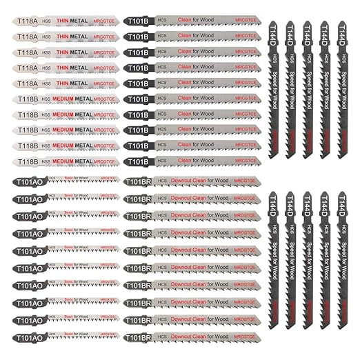 50 Piece Contractor Jigsaw Blades Set with Storage Case, Assorted T-Shank Jig Saw Blades for Wood, Plastic and Metal Cutting(T118A,T118B,T101AO,T101B,T101BR,T144D)