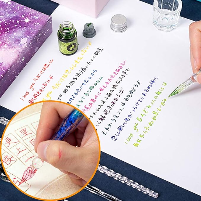 AXEARTE Glass Dip Calligraphy Pen Set, 18-Pieces 14 Color Inks, Pen Holder - Image 6