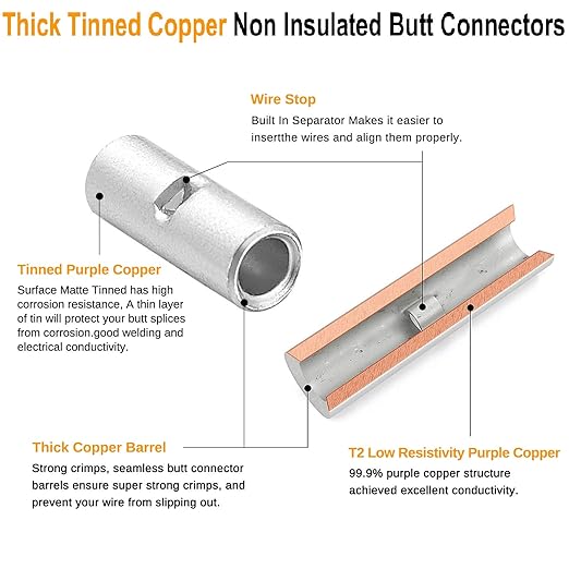 SVAAR 6PCS 0 Gauge Non Insulated Butt Connectors 1/0 AWG Uninsulated Butt Splice Connectors Crimp Repair Butt Splices Kit Tinned Copper Seamless Barrel Butt Splice Terminals & 6PCS 3:1 Heat Shrinks