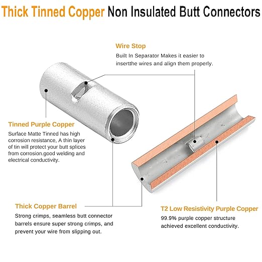 SVAAR 100PCS 24-18 Gauge Non Insulated Butt Connectors 24-18 AWG Uninsulated Butt Splice Connectors Crimp Repair Butt Splices Kit Tinned Copper Marine Grade Seamless Barrel Crimp Butt Splice Terminals