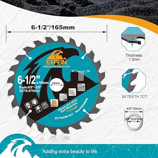 6-1/2 Inch Miter/Table Saw Blades 2pcs, 24T+60T ATB TCT Fine Finish Wood Cutting Circular Saw Blade with 5/8 Inch Arbor