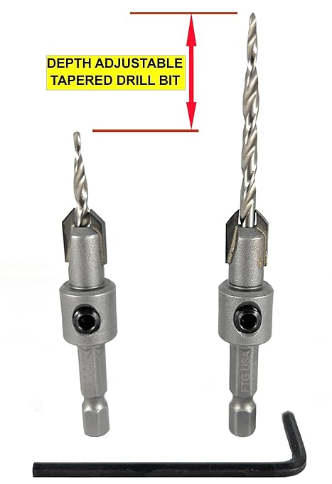 FTG USA #6 (9/64") Tungsten Carbide Tipped Countersink Drill Bit with Tapered Drill Bit, 1/4 Inch Quick Change Hex Shank and Allen Wrench