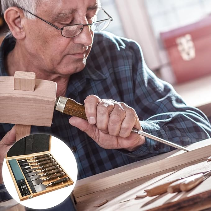 10 Pieces Wood Chisels Set with Honing Guide & Sharpening Stone for Woodworking Wood Carving Tools Kit with Wooden Box for Beginners and Professionals(Black Walnut)