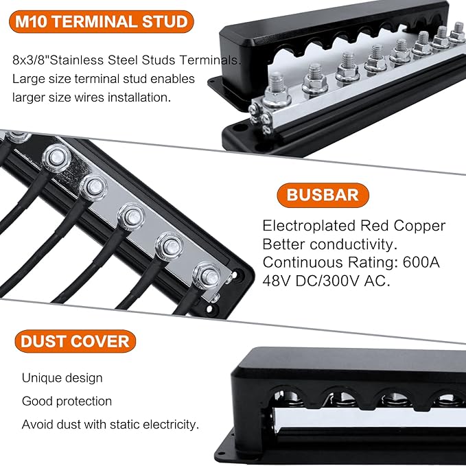 600 A High Current Copper Bus Bar 300V AC / 48V DC 8 Way 3/8 inch (M10) Studs 8#8-32 Screws Electrical Terminal Ground Distribution Block Battery Buss Bars with Cover (Black)
