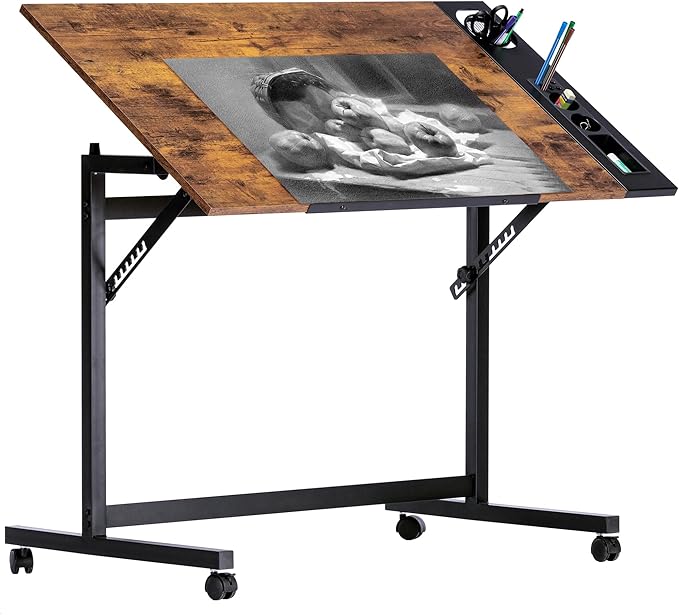 VECELO Vintage Drawing Drafting Table, Adjustable Tilting Top Art Desk Craft by VECELO