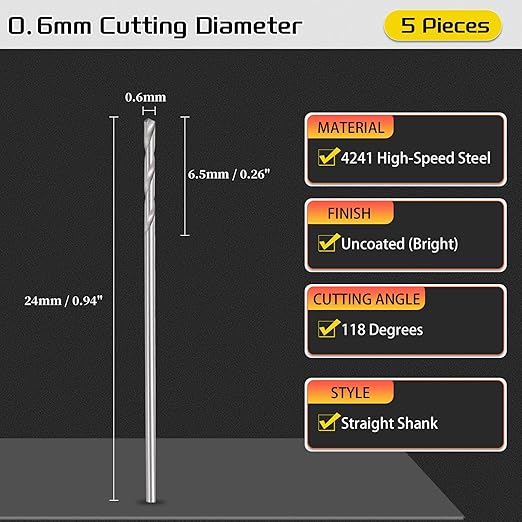 Drill Bit, 0.6mm Cutting Diameter, 4241 HSS 118° Cutting Angle Uncoated Bright Versatile Jobber Bits - (Applications: for Drilling Plastic Wood Soft Metal), 5-Pieces