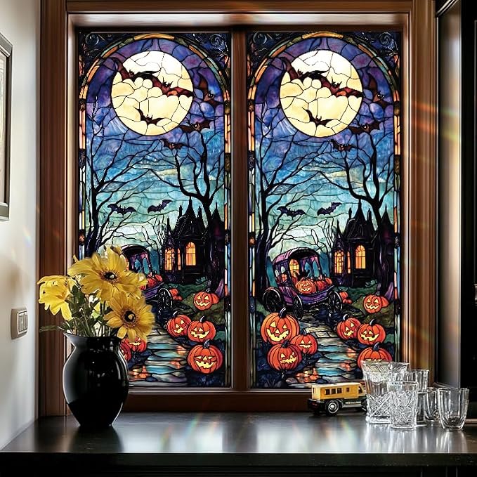 Halloween Stained Glass Window Film 17.71x39.97 Inch Pumpkin Carriage Ghost - Image 7